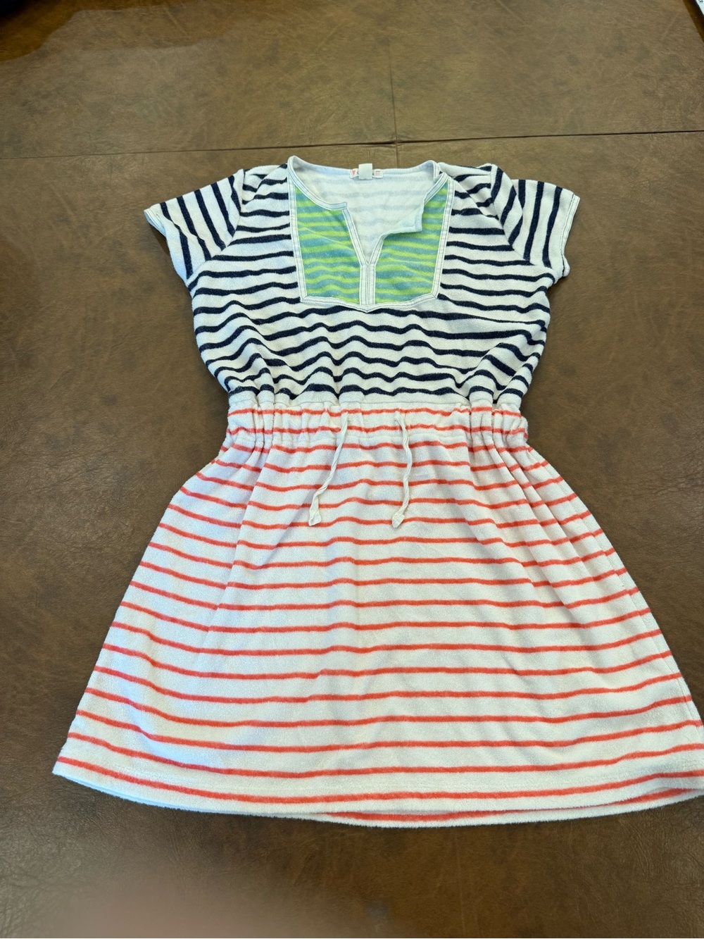J.Crew Crewcuts Girls Striped Drawstring Beach Dress Navy, Coral & Green Size 10